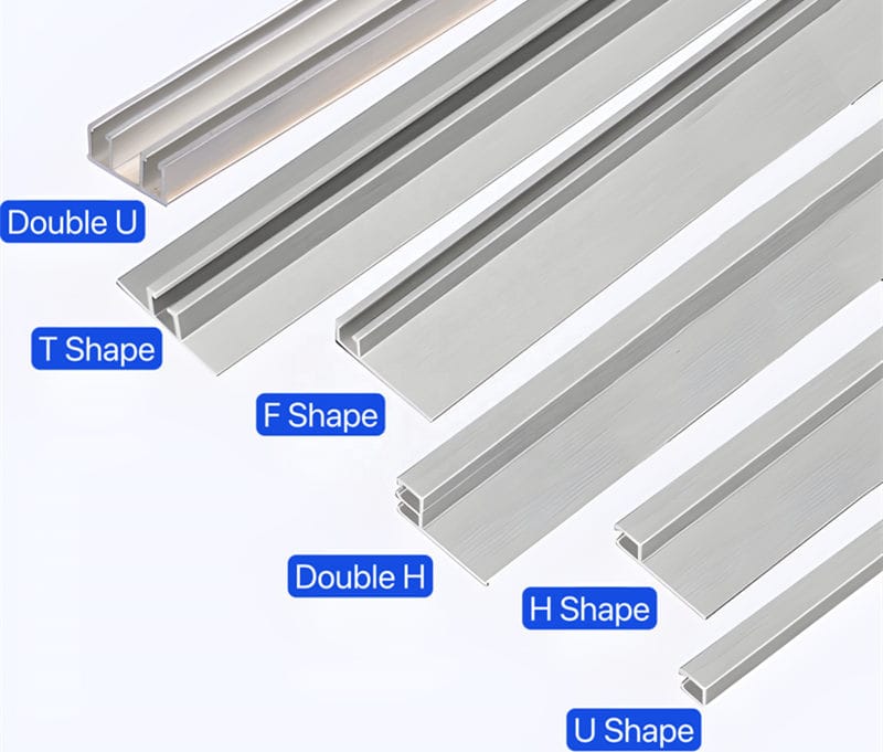 Aluminum profile options for metal channel strip brushes including U, H, F, T, Double U and Double H shapes