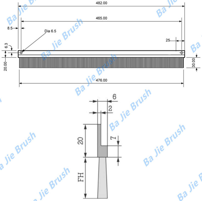 H profile lath brush dimensions and mounting hole layout