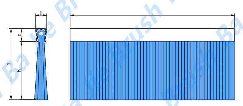 Metal channel strip brush dimensions showing brush height, channel width and overall length