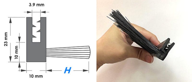 Side tufted flexible strip brush with 90 degree rubber profile