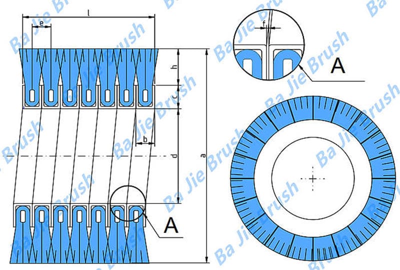 Auger flight spiral brush drawing showing coil and backing dimensions