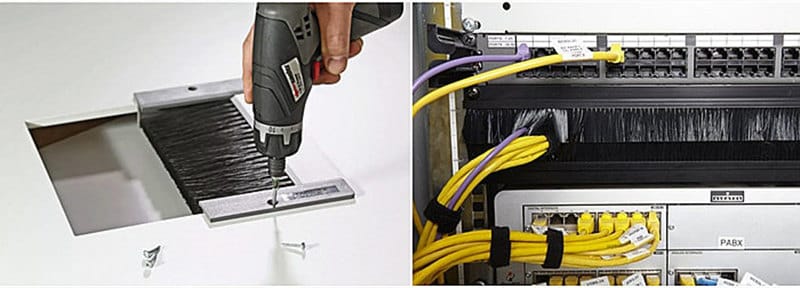 Aluminum brush grommet strip installed over a cable opening in a server rack