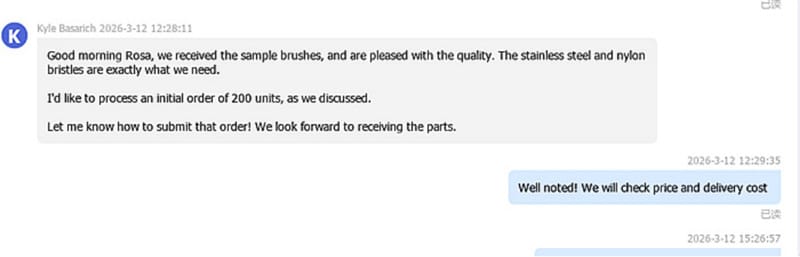 ClimbClean customer feedback approving the sample brushes and requesting 200 units