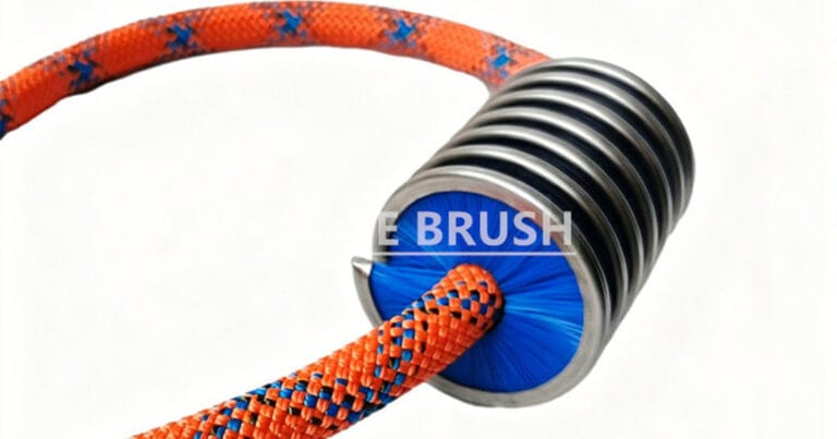Orange climbing rope passing through a blue nylon inside spiral cleaning brush