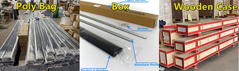 Commercial Door Sweep Brush Packaging Options Long commercial door sweep brushes packed in poly bags, cartons and wooden cases for shipment