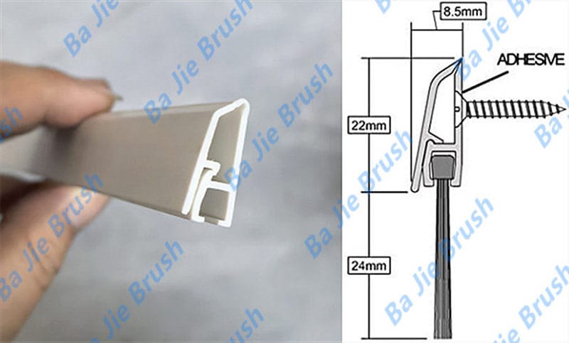 PVC cover clip profile diagram showing an 8.5 mm depth, 22 mm carrier height, 24 mm brush projection and combined adhesive and screw fixing