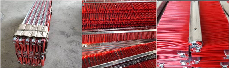 Finished red poly and flat steel wire brushes produced in batches for concrete block machines