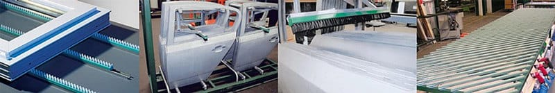 C-track lath brushes used for guiding and supporting panels on conveyor equipment