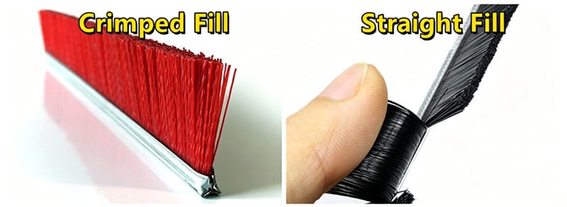 Crimped vs Straight Nylon Door Sweep Bristles Comparison of red crimped fill and black straight nylon bristles for door sweep brushes