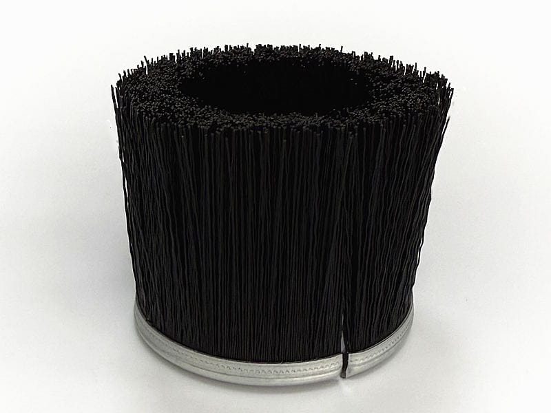 Cup strip brush formed with dense black bristles around the perimeter