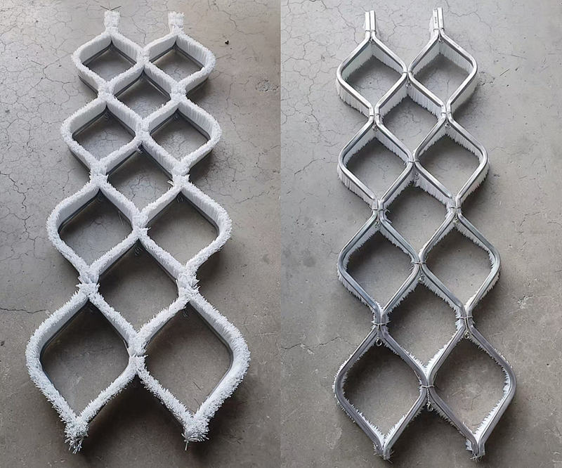 Diamond-pattern dry ski slope mat made from formed PBT strip brushes