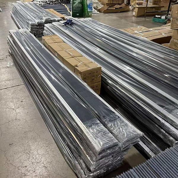 Finished long strip brushes packed and ready for shipment in the factory