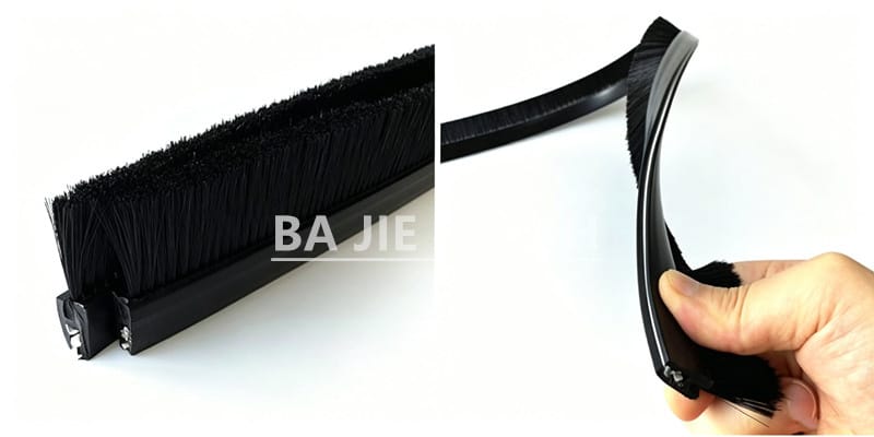 Flexible clip-on rubber strip brushes bending along curved panel edges