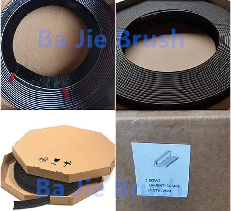 Coiled flexible rubber strip brush packaged as a 25-meter two-row brush with 50 mm filaments