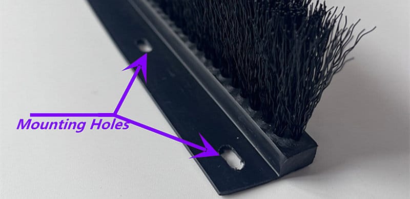 Flexible Strip Brush with Mounting Holes Preformed mounting holes in an F-profile flexible agricultural machinery brush seal