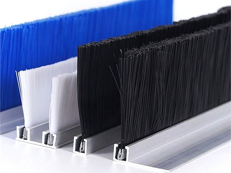Metal channel strip brushes with black, white and blue bristles