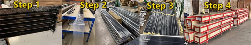 Four-step long strip brush packaging process from arranging and wrapping to wooden crate loading