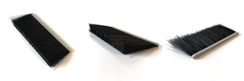 Metal channel strip brushes with dense black bristles and metal backing