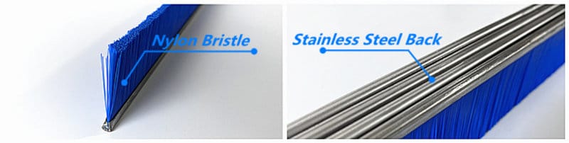 Blue nylon bristles secured in a stainless steel strip brush backing