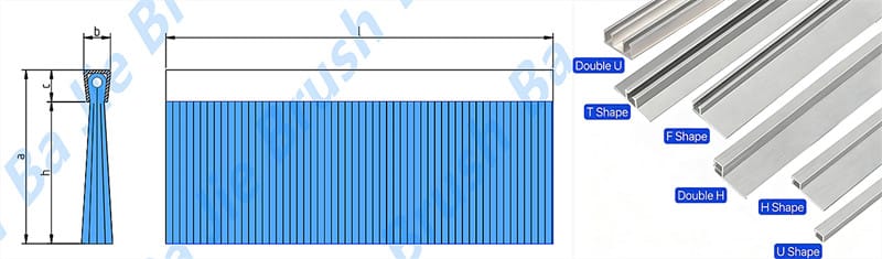 Nylon Door Sweep Brush Dimensions and Profile Options Nylon door sweep brush dimension diagram with Double U, T, F, Double H, H and U-shaped aluminum profile options