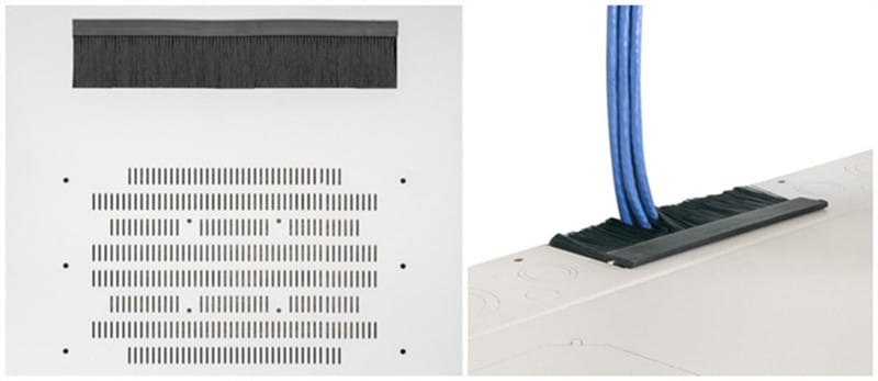 Flexible brush strip installed over a rack cabinet opening for cable routing