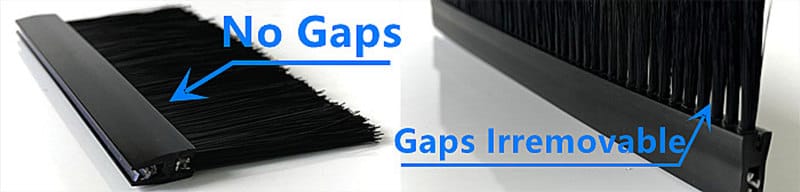 Comparison of continuous rigid strip brush filling and gaps between staple-set bristle tufts