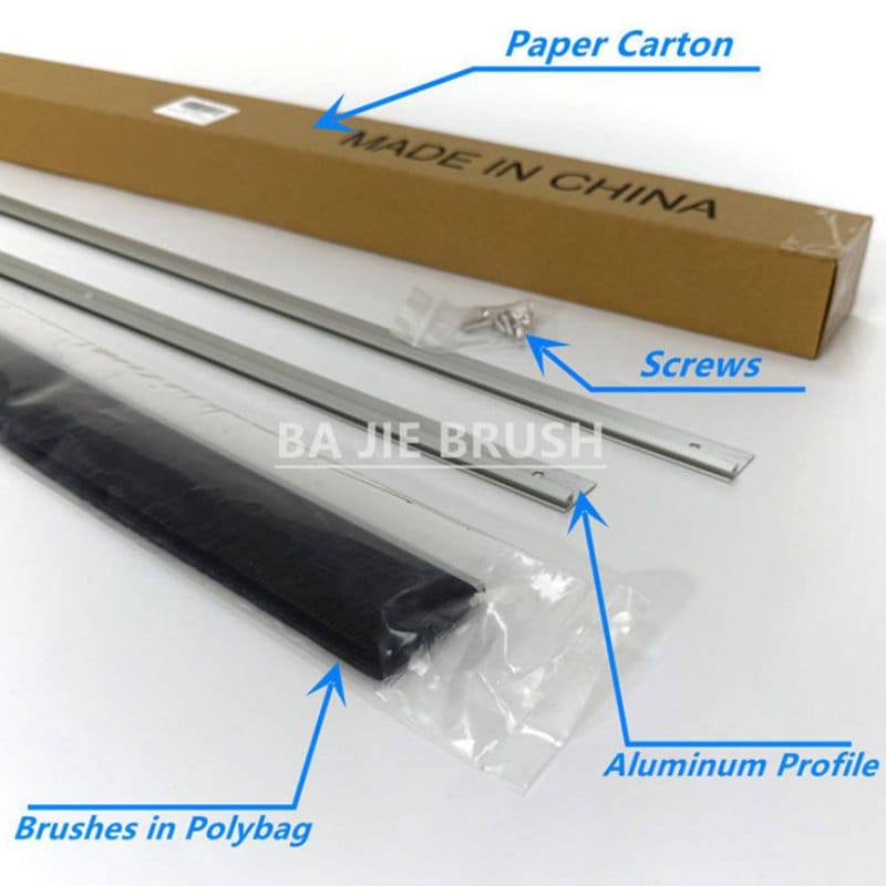 Standard strip brush packed in a poly bag with aluminum holder, screws and paper carton