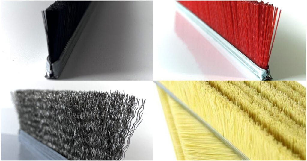 Four metal channel strip brushes with black, red and yellow filaments and crimped metal wire