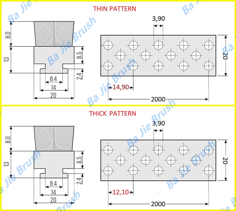 Thin and thick staggered tuft patterns for a three-row C-track lath brush