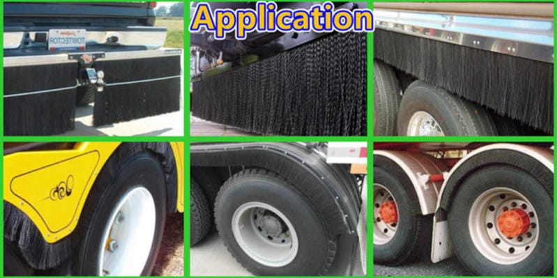 Flexible spray suppressant brush skirts installed on truck and trailer mudguards