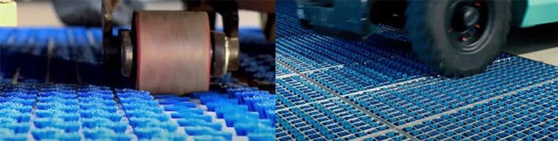 Industrial vehicle wheels contacting angled bristles in a wheel cleaning mat