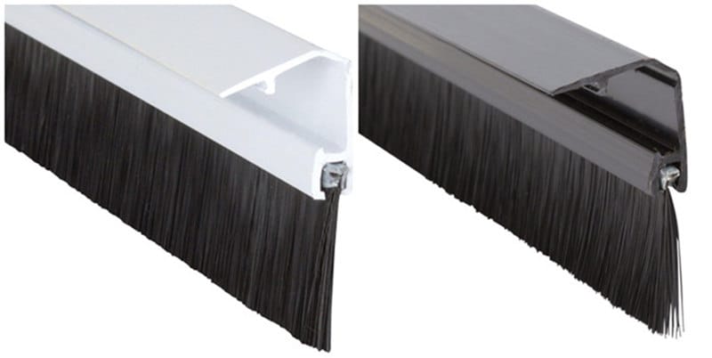 White and black concealed-fix PVC door brush seals with clip-on covers and black bristles