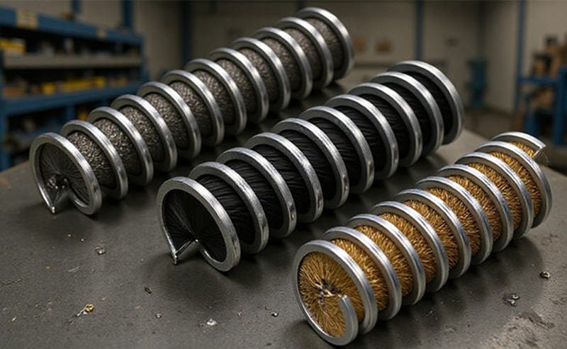 Wire descaling brush coils with steel, stainless steel and brass wire filaments