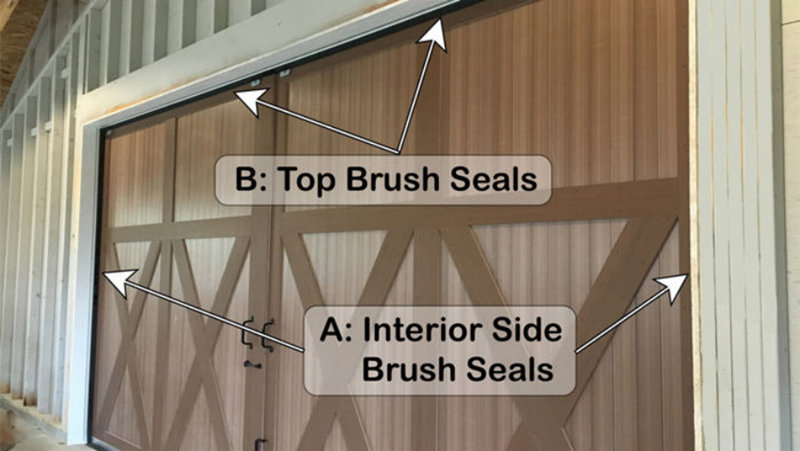 Sliding Barn Door Brush Seal Installation Installation diagram showing top and interior side brush seal positions on a sliding barn door